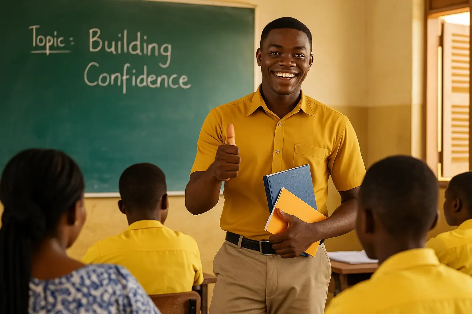 A Ghanaian teacher trainee confidently leading a classroom